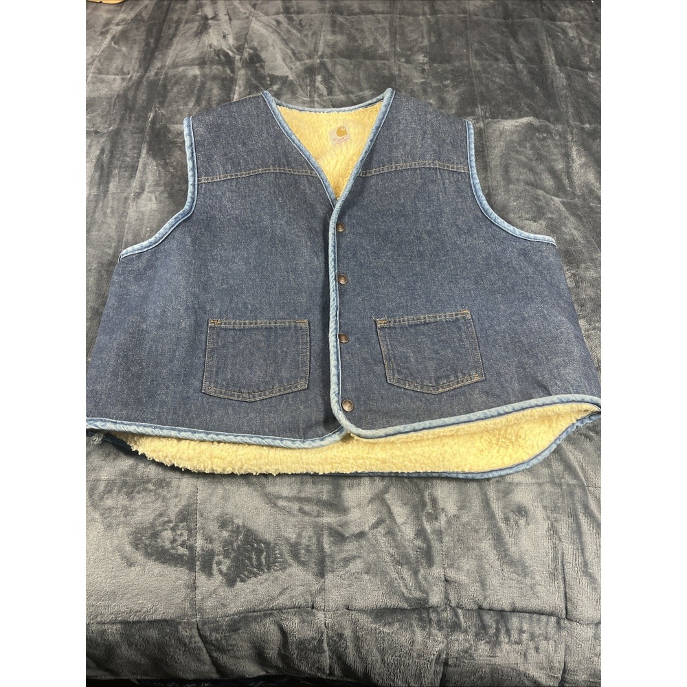VTG CARHARTT Size XXL Sherpa Lined Denim Snap Front Blue Gilet Vintage‎